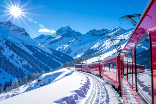 Scenic train route through the Swiss Alps on a European train journey